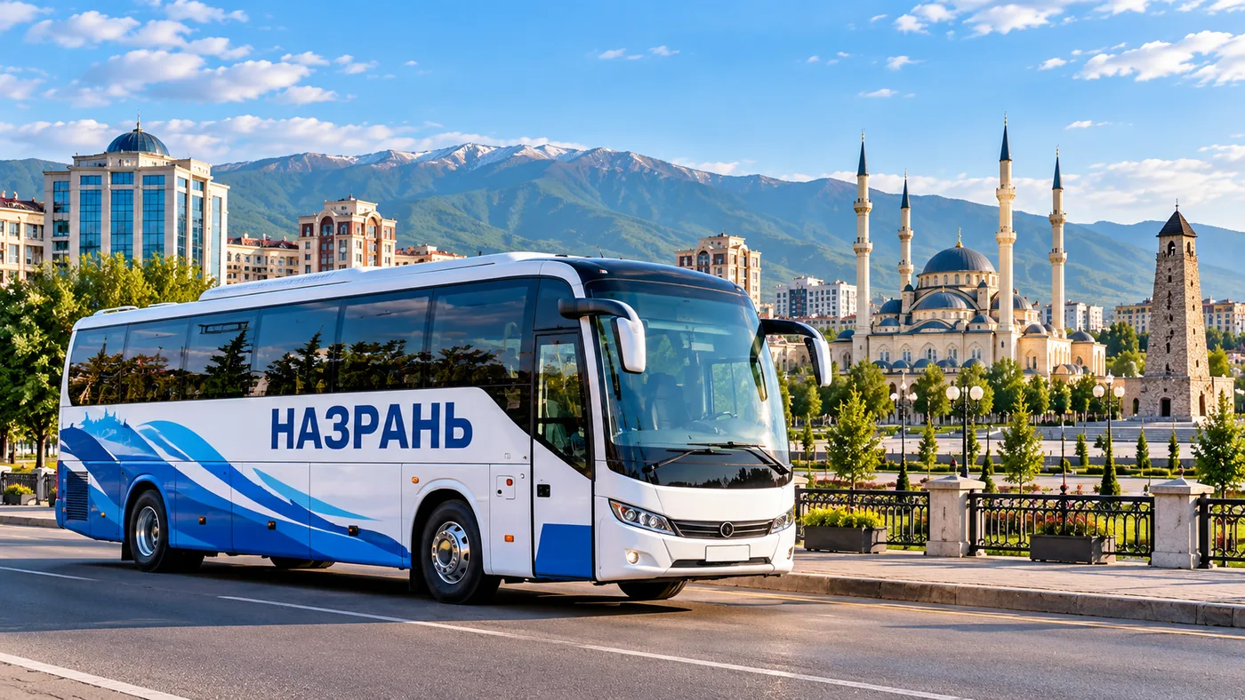 Пассажирский автобус Назрань на фоне города Назрань